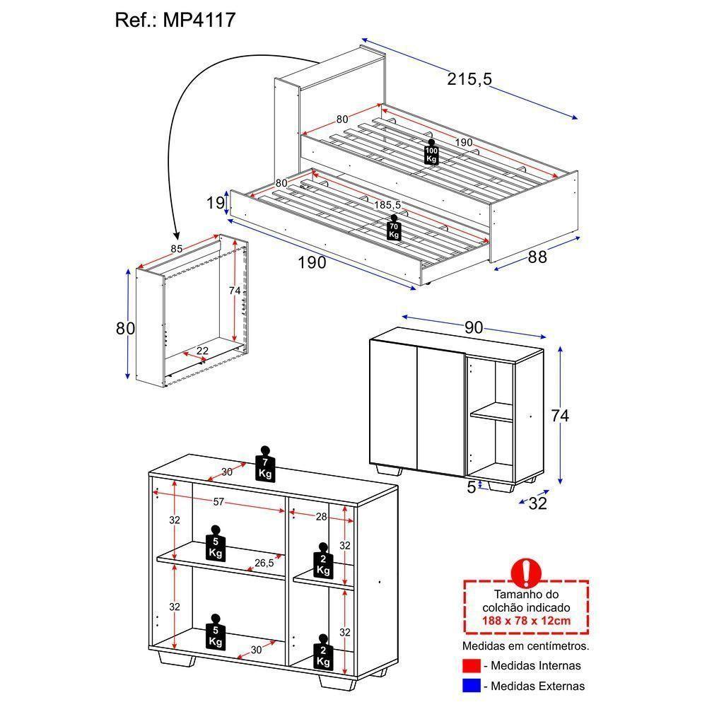 Conjunto Quarto Bicama Com Baú E Balcão 2 Portas Multimóveis Mp4117 Branco Branco - 3