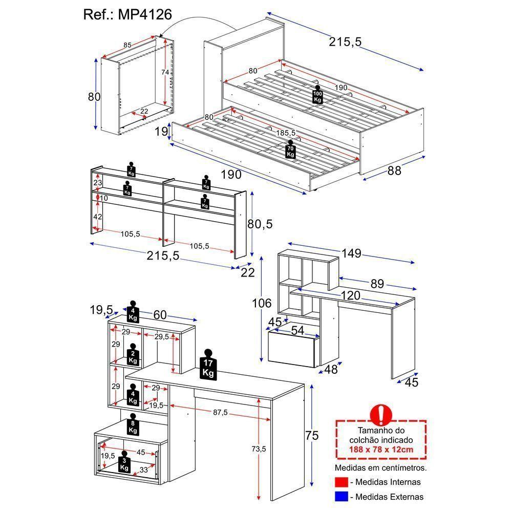 Conjunto Quarto Bicama Baú Com Prateleira E Escrivaninha Multimóveis Mp4126 Branco/rustic Branco/rustic - 2