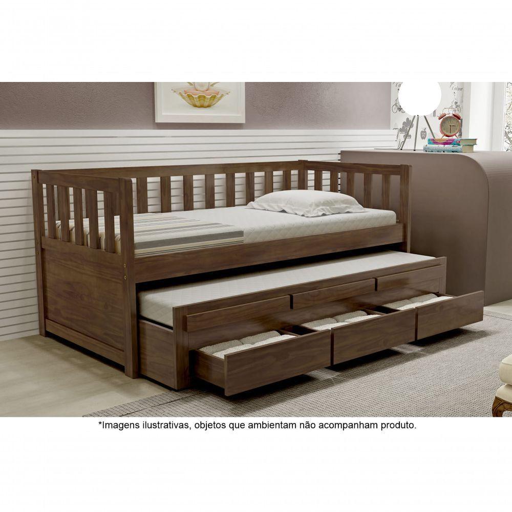 Bicama Solteiro Com 3 Gavetas Em Madeira Maciça Pérola Castanho - 1