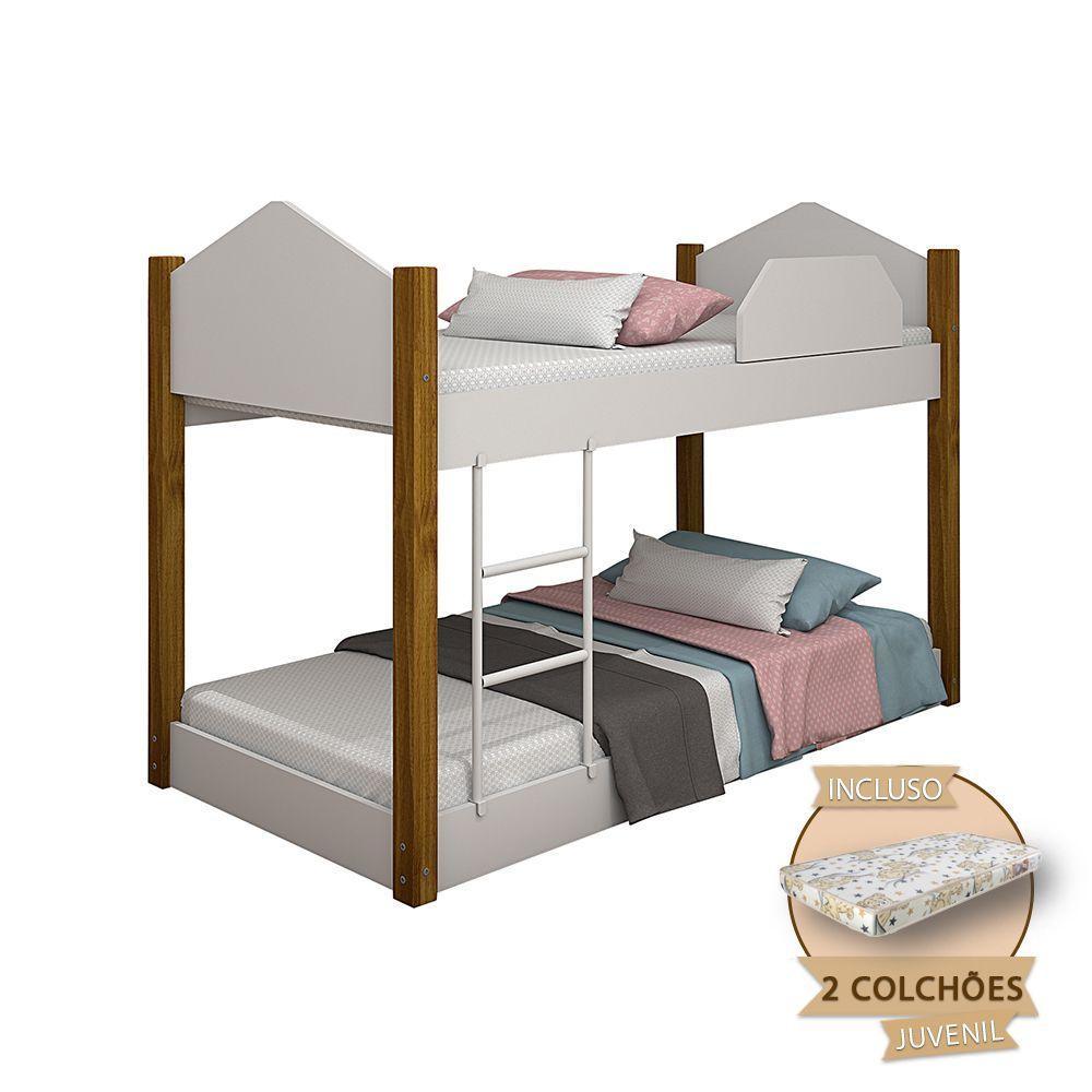 Beliche Infantil Juvenil Luiza Com Colchões - Branco/Mel - Branco - 1