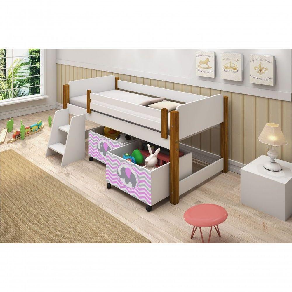 Cama Solteiro Branco C/ Mel C/ Baú Filhote Rosa - 1