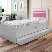 Cama Baú Solteiro Larissa Branco E Rosa Com Auxiliar - 1