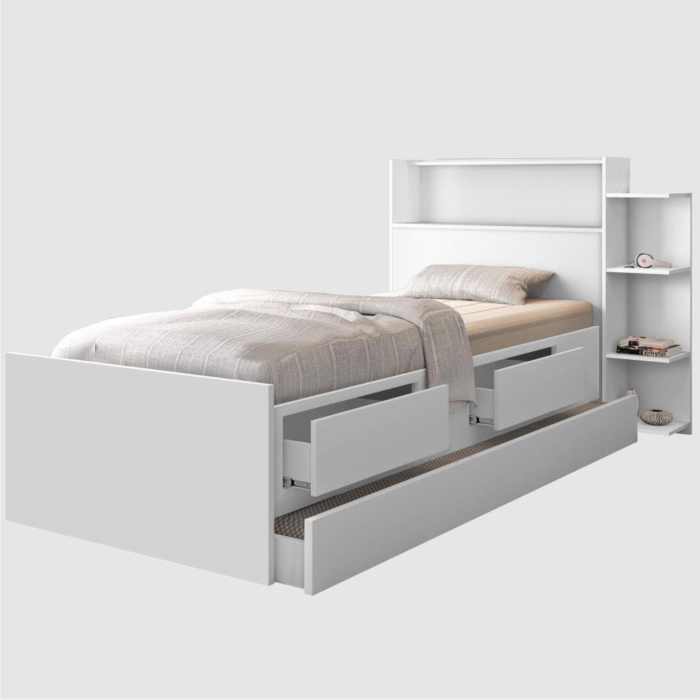 Cama Com Auxiliar Solteiro Gavetas E Baú Branco E Colchão - 1
