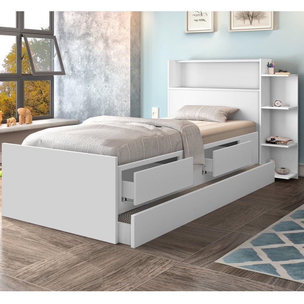 Cama Com Auxiliar Solteiro Gavetas E Baú Branco E Colchão - 2