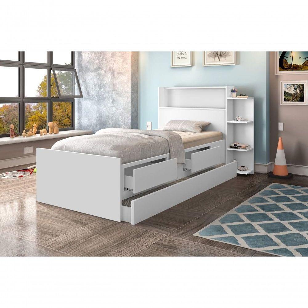 Cama Com Auxiliar Solteiro Gavetas E Baú Branco E Colchão - 3
