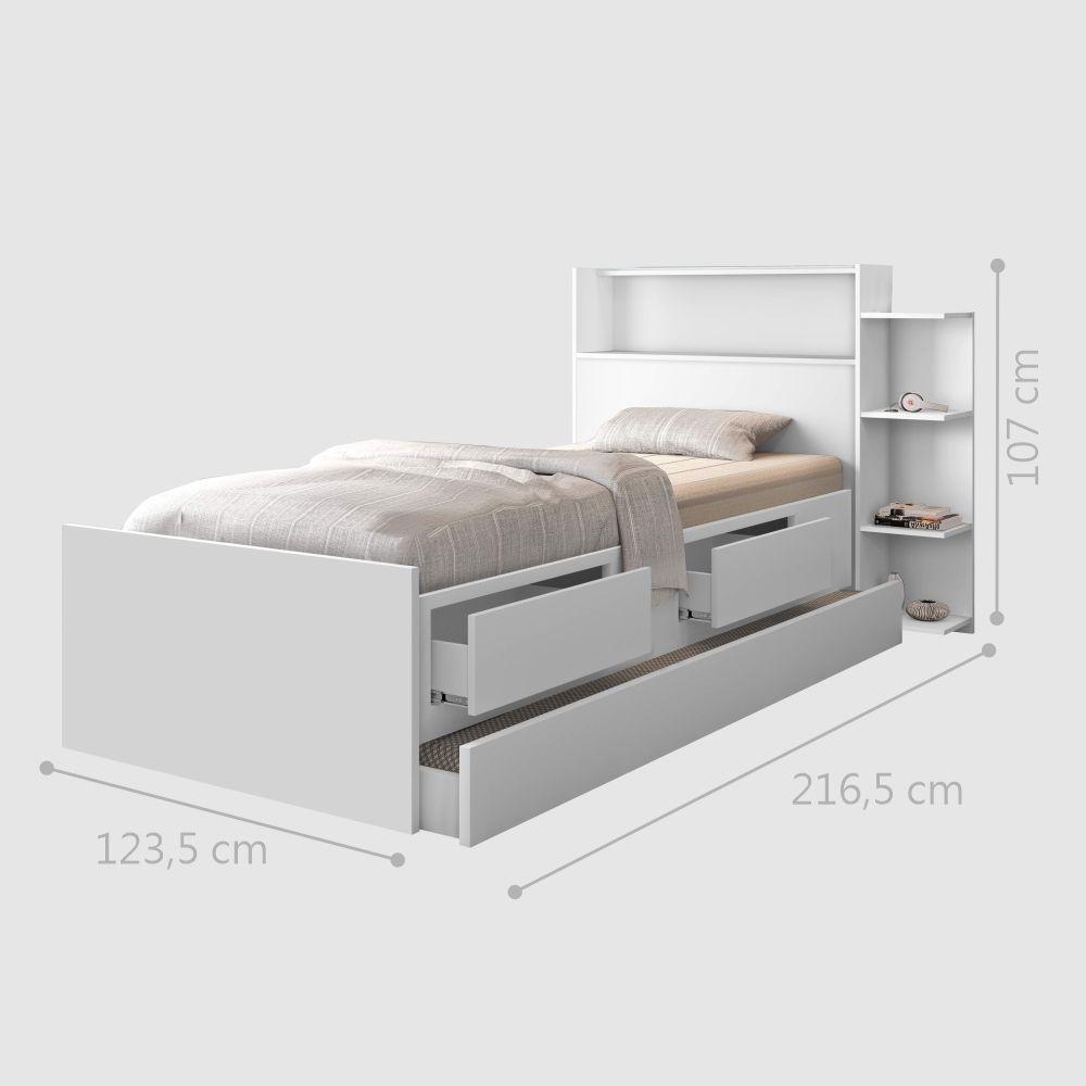 Cama Com Auxiliar Solteiro Gavetas E Baú Branco E Colchão - 5