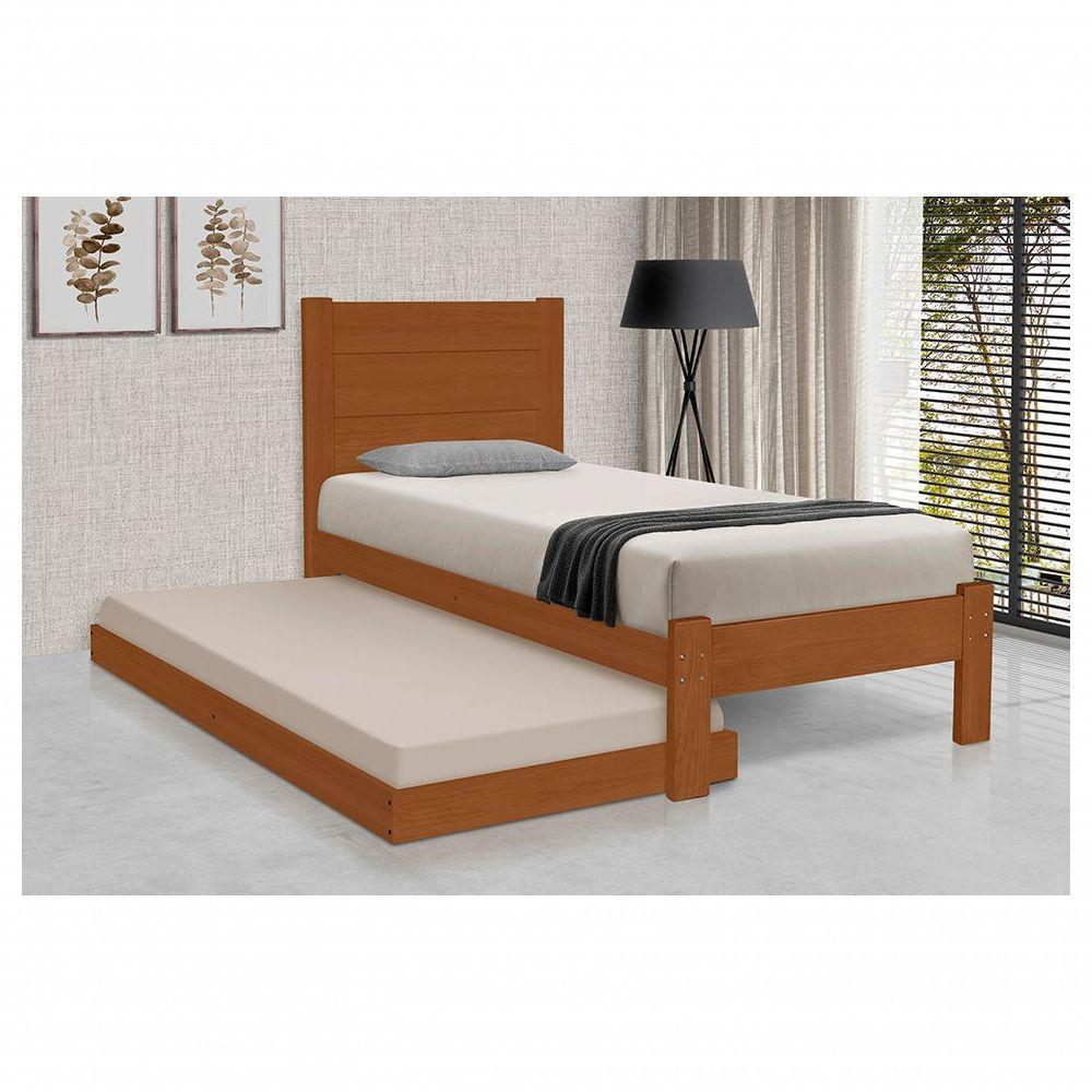 Cama de Solteiro Lara Com Cama Auxiliar de Madeira Maciça Pinus Castanho - 1