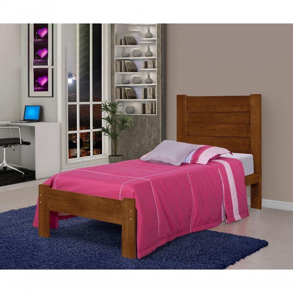 Cama de Solteiro Lara de Madeira Maciça Pinus Castanho - 1