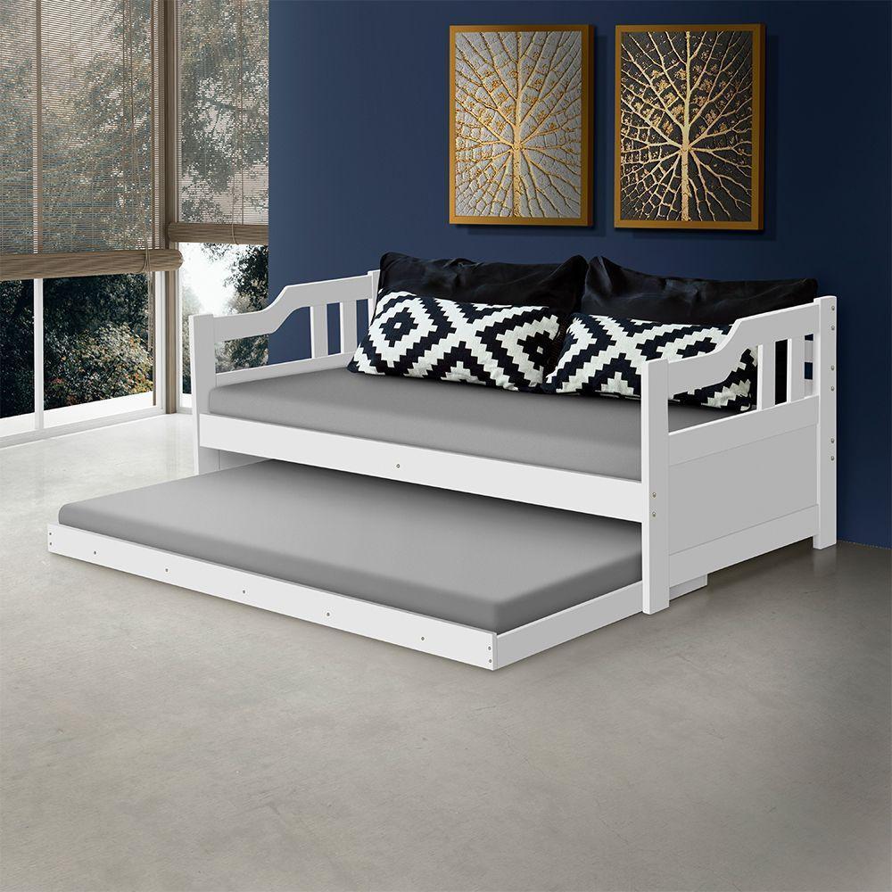 Sofa Cama Madeira Maciça Rústico Solteiro - Branco - Cor: Branco - 2