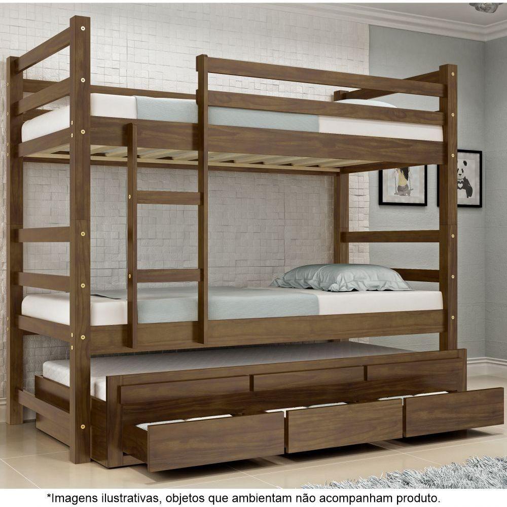 Treliche Solteiro Com 3 Gavetas Em Madeira Maciça E Escada Ágata Castanho - Straub Web - 1