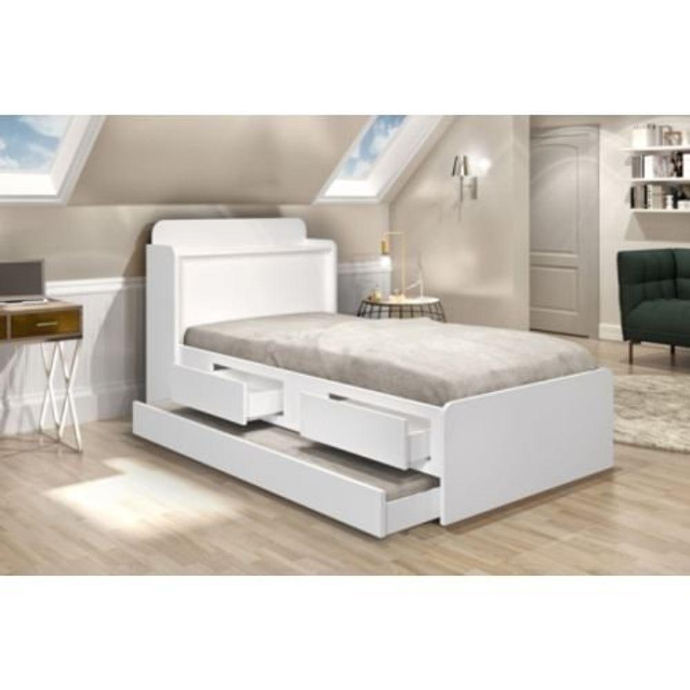 Cama Solteiro Tamires Baú Branco E Com Auxiliar - 1