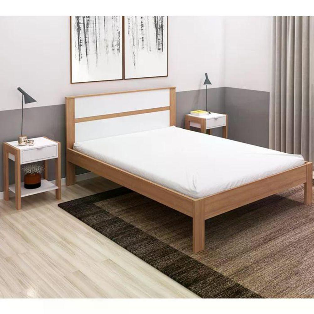 Cama Casal Cm8005 E 02 Mesas De Cabeceira Az1016 Qt3 Amendoa Branco Tecno Mobili Amendoa Branco - 1