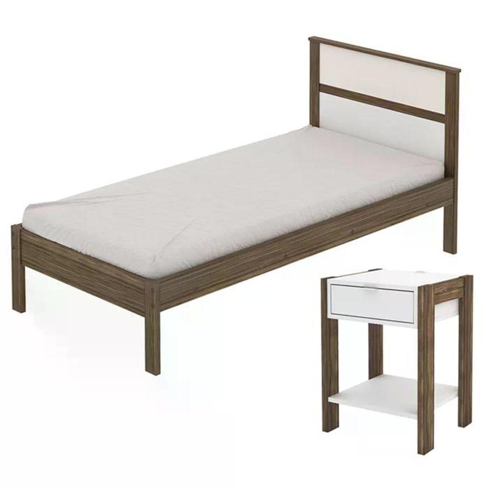 Cama Solteiro Cm8004 E Mesa De Cabeceira Az1016 Qt2 Nogal Branco Tecno Mobili Nogal Branco - 1