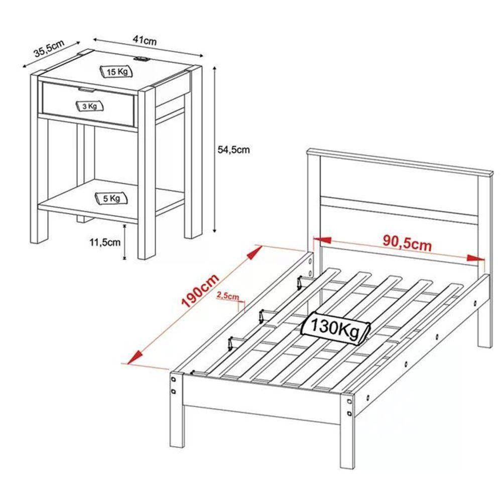 Cama Solteiro Cm8004 E Mesa De Cabeceira Az1016 Qt2 Nogal Branco Tecno Mobili Nogal Branco - 6