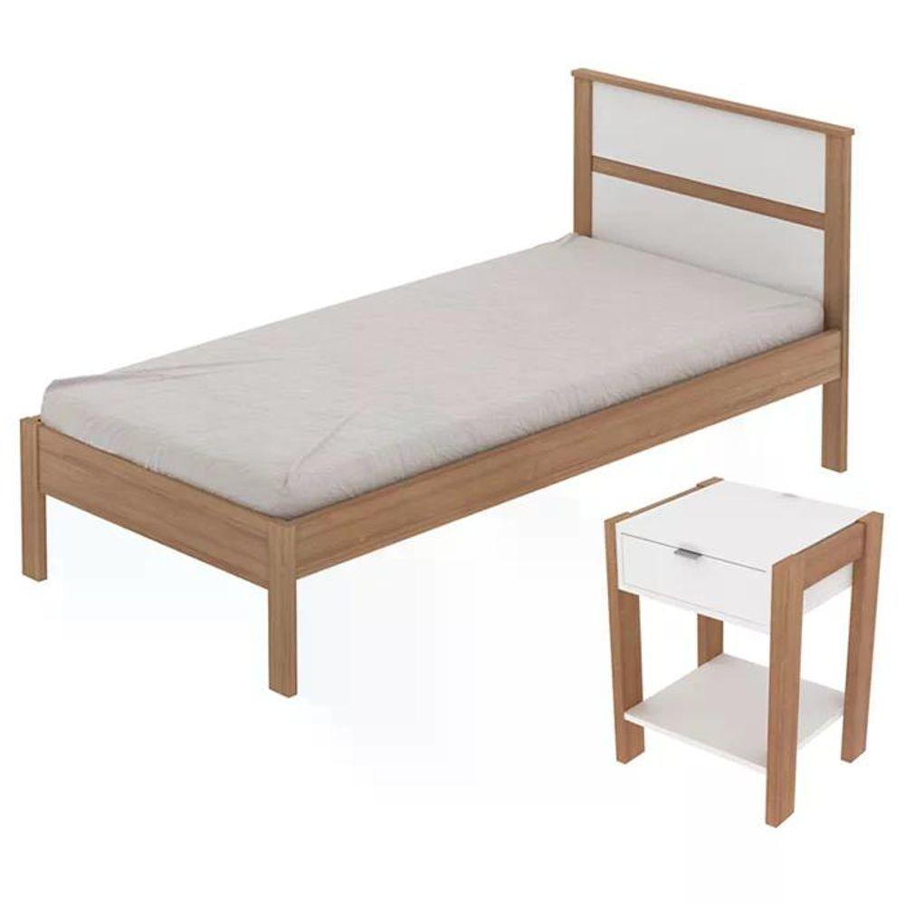 Cama Solteiro Cm8004 E Mesa De Cabeceira Az1016 Qt2 Amendoa Branco Tecno Mobili Amendoa Branco - 1