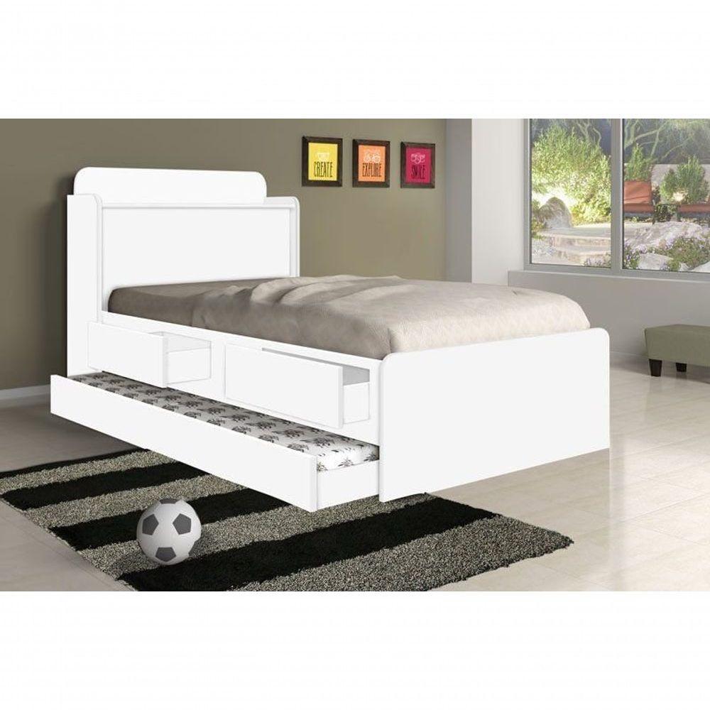 Cama Tamires Solteiro 0,88cm C/ Auxiliar Branco E 2 Colchões - 1