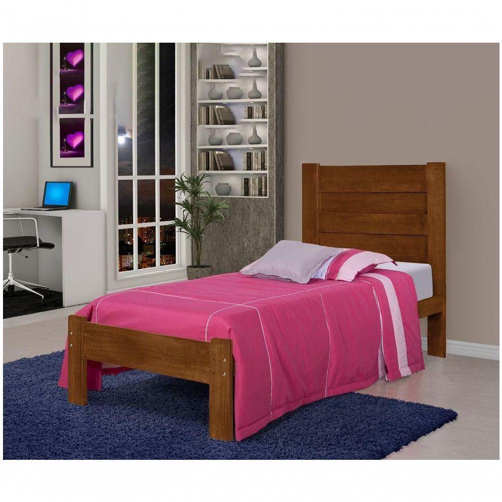 Cama de Solteiro Lara de Madeira Maciça Pinus Castanho - 1