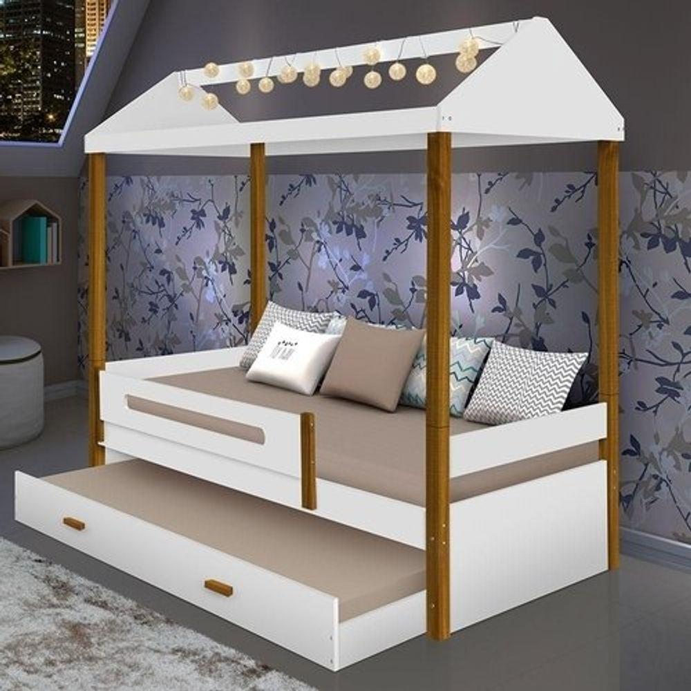Cama Casa Sara Branco/mel Com Cama Auxiliar 2 Colchões e Led - 1
