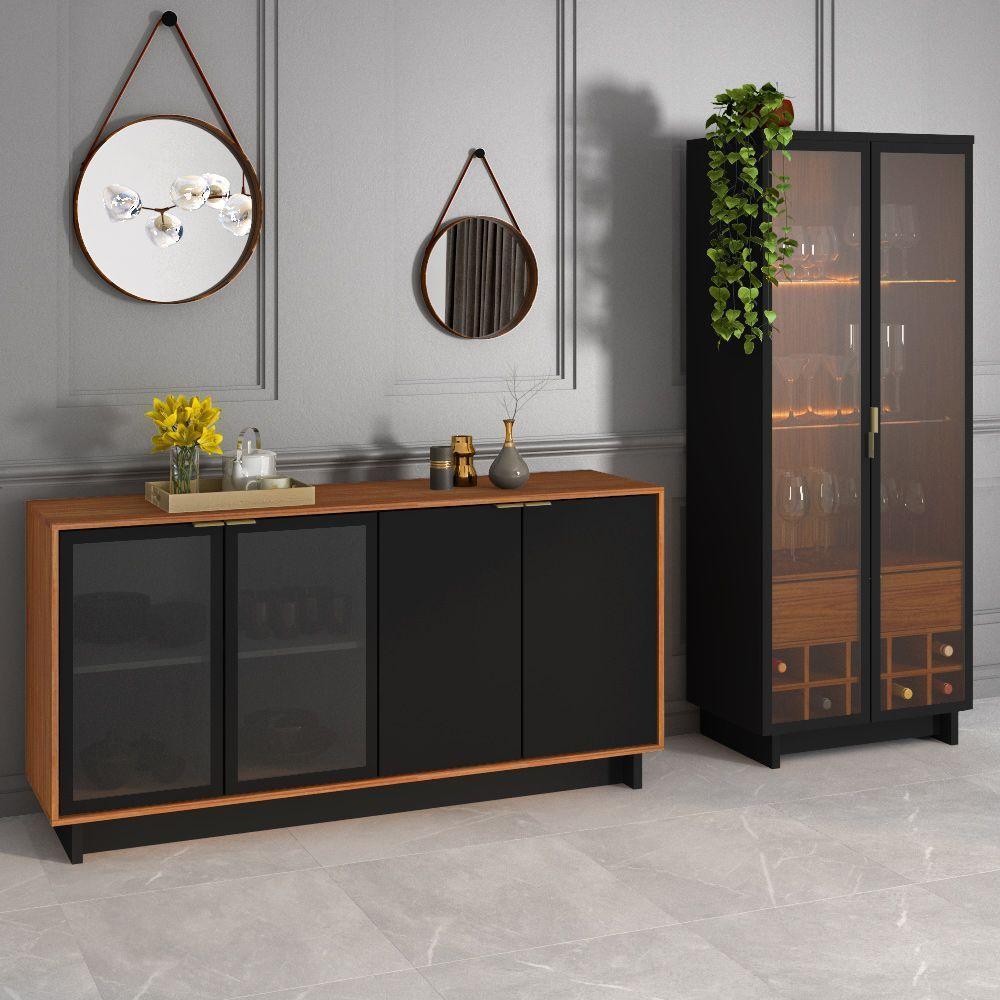 Conjunto Decorativo Cristaleira Com Led E Buffet Aparador 160cm Tenerife/gunga Preto Fosco/noce - 1