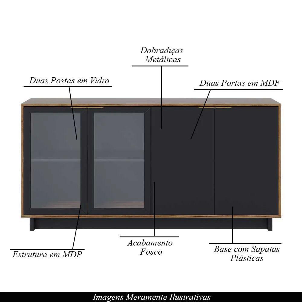 Conjunto Decorativo Cristaleira Com Led E Buffet Aparador 160cm Tenerife/gunga Preto Fosco/noce - 3
