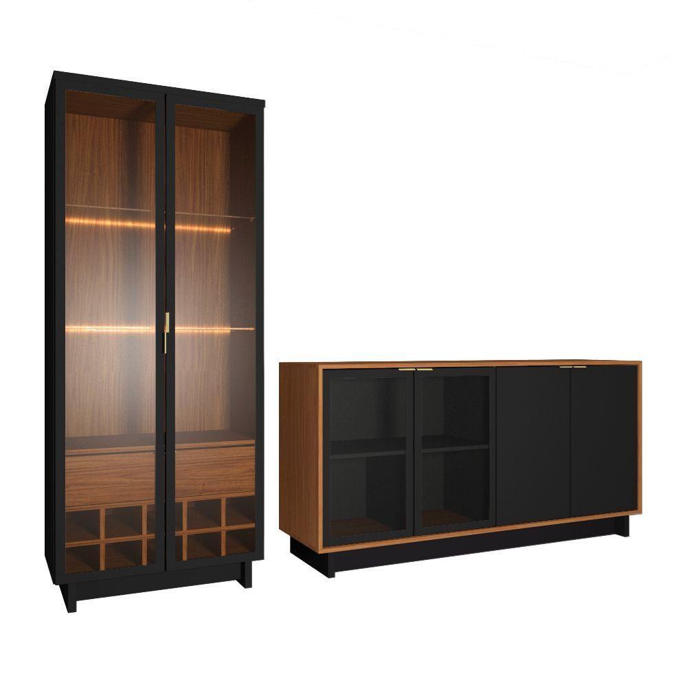 Conjunto Decorativo Cristaleira Com Led E Buffet Aparador 160cm Tenerife/gunga Preto Fosco/noce - 5