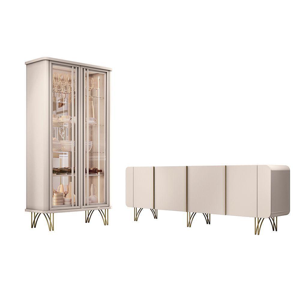 Conjunto Cristaleira Buffet Com Led Portas De Vidro Pés Aço Maciço Dourado Texas/virginia Off White - 1