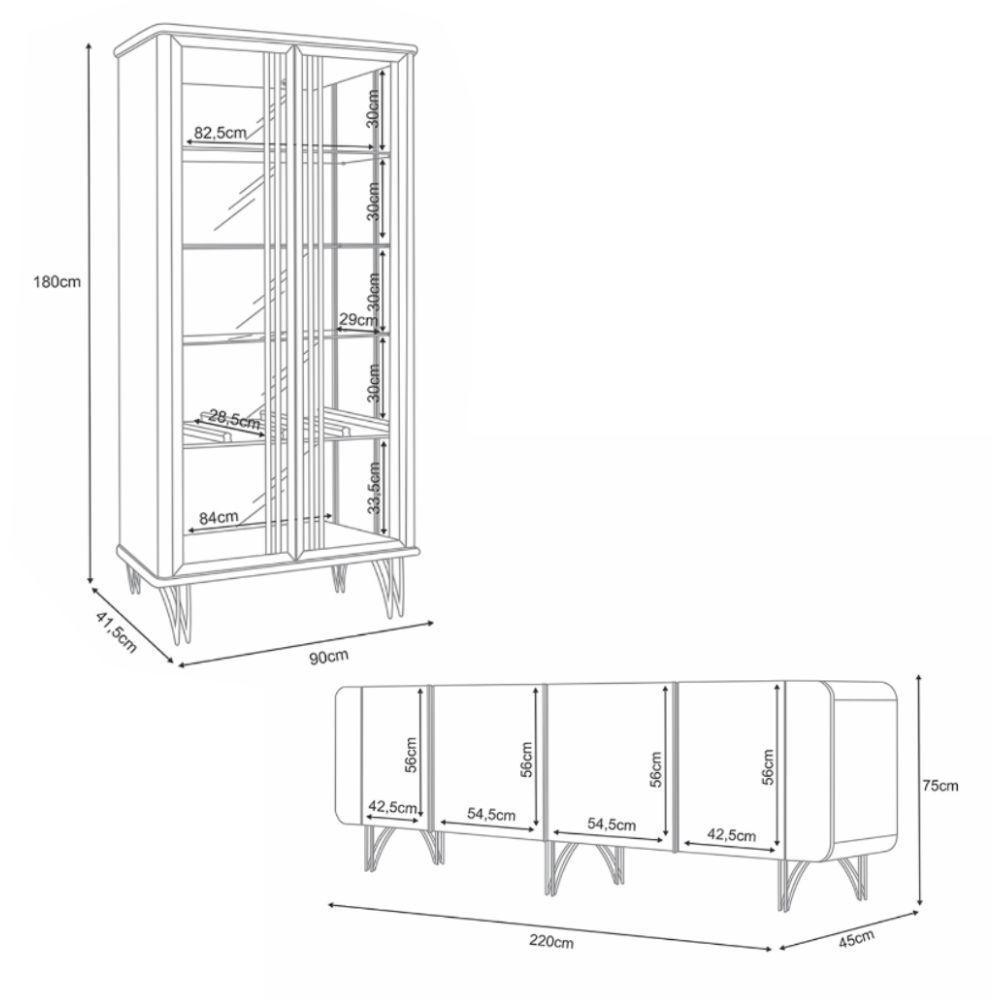 Conjunto Cristaleira Buffet Com Led Portas De Vidro Pés Aço Maciço Dourado Texas/virginia Off White - 7
