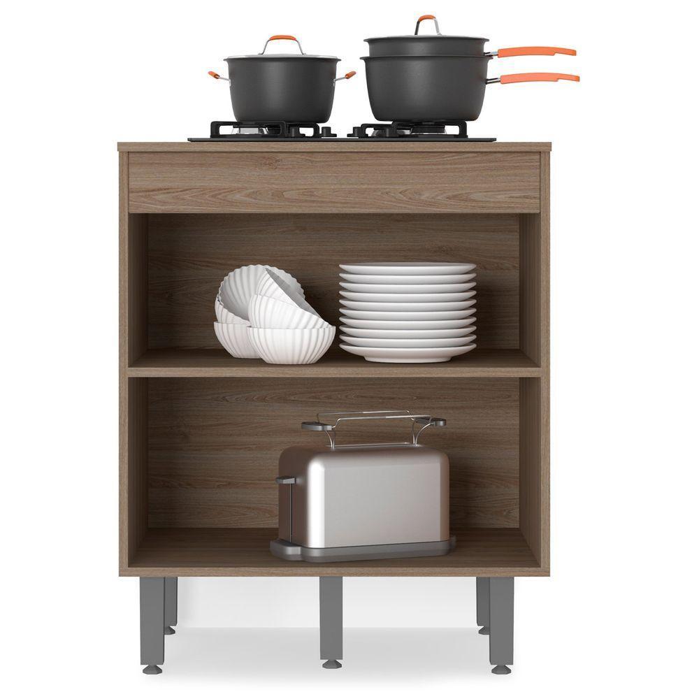 Balcão Para Cooktop Com 3 Portas E Tampo Barcelona Cor Carvalho Oak Grafite Poliman Móveis - 3