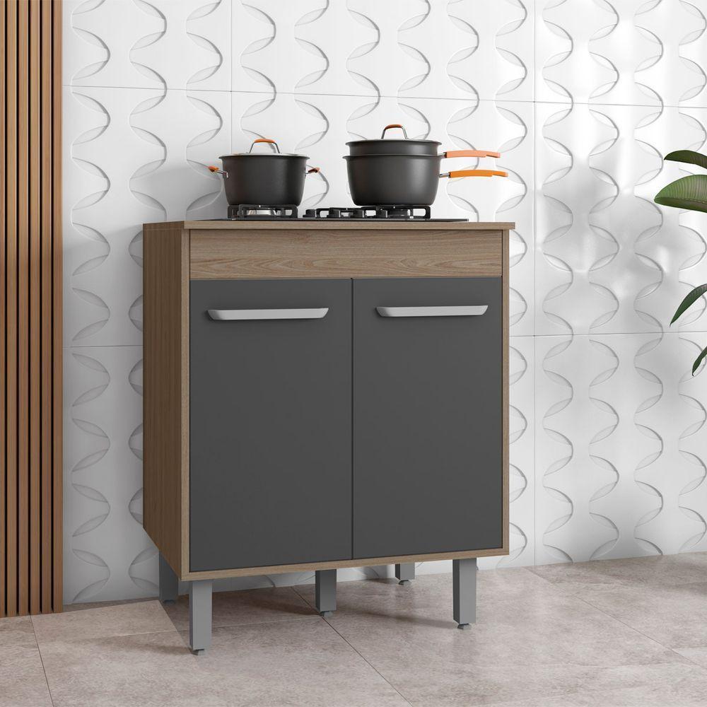 Balcão Para Cooktop Com 3 Portas E Tampo Barcelona Cor Carvalho Oak Grafite Poliman Móveis - 5