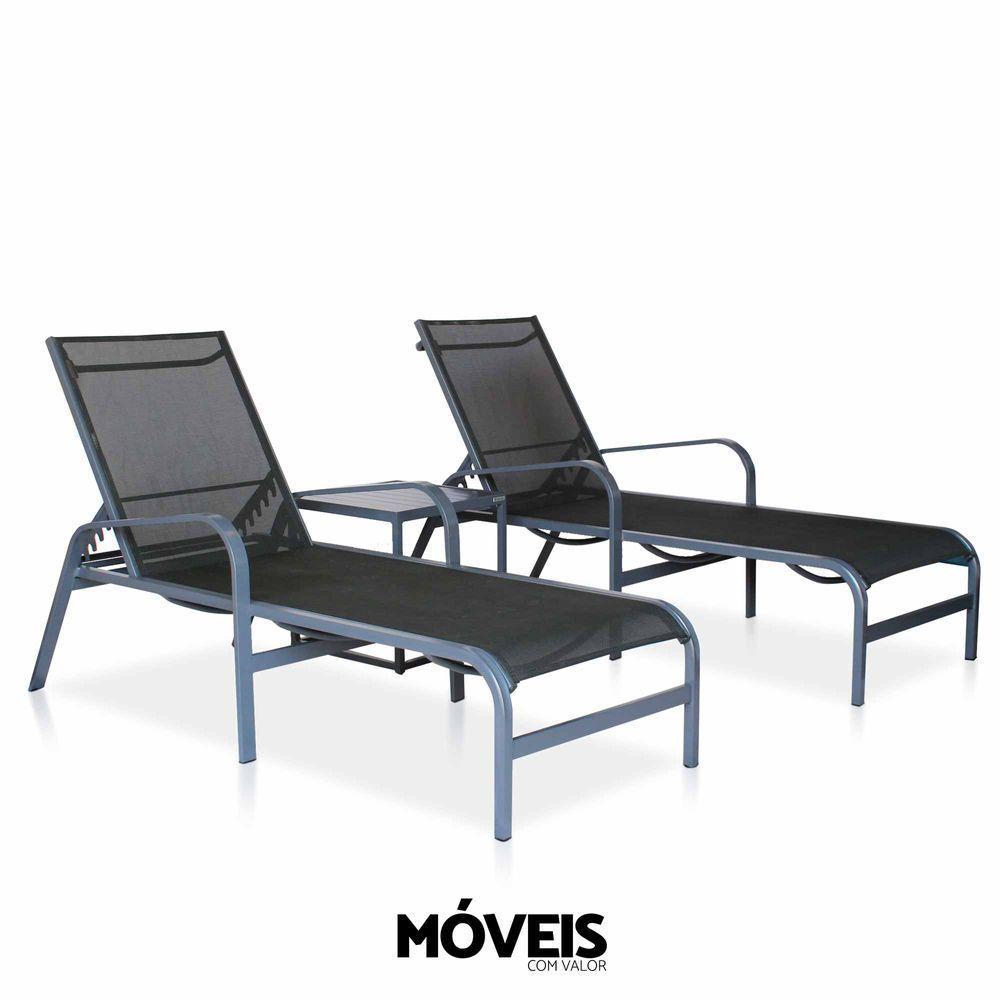 Kit 2 Espreguiçadeiras De Alumínio + 1 Mesinha Lateral Para Piscina, Hotel - Grafite E Tela Preta - 1
