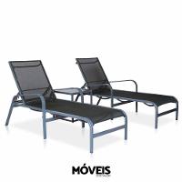 Kit 2 Espreguiçadeiras De Alumínio + 1 Mesinha Lateral Para Piscina, Hotel - Grafite E Tela Preta - 1