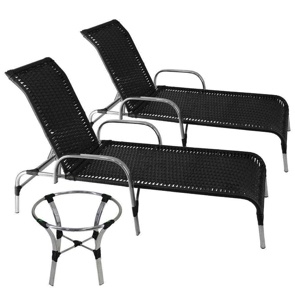 2 Espreguiçadeiras Havaí Fibra Sintética Preto + Mesa Centro Garden Alumínio Polido - 1
