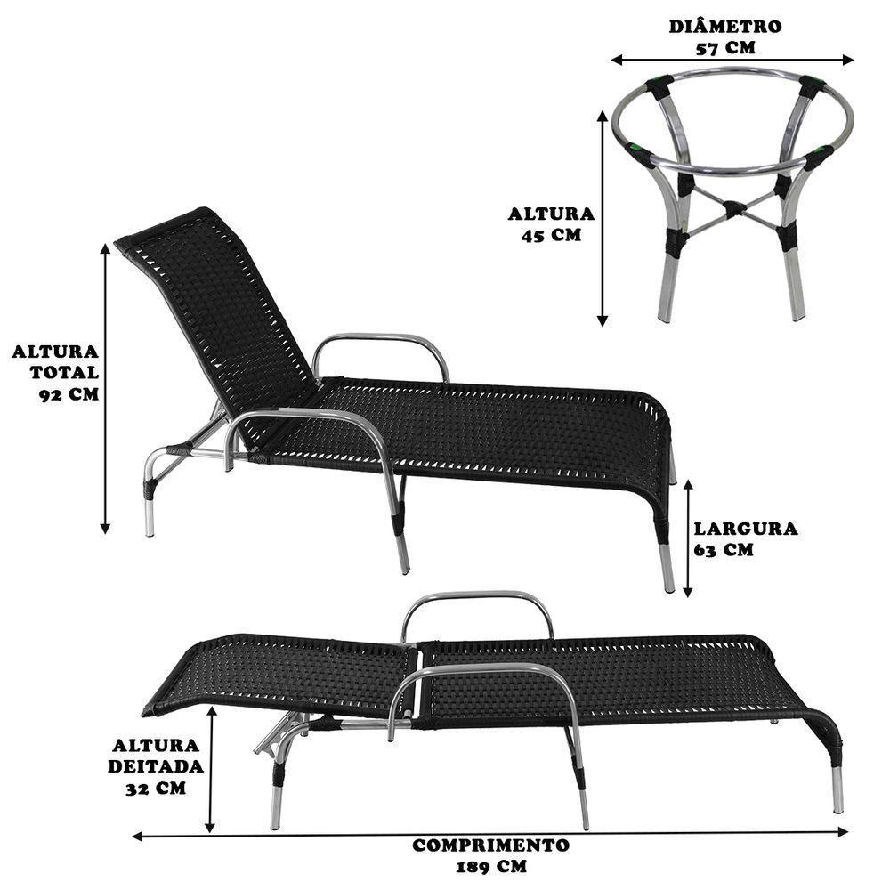 2 Espreguiçadeiras Havaí Fibra Sintética Preto 1 Mesa Centro Garden Alumínio Polido - 3