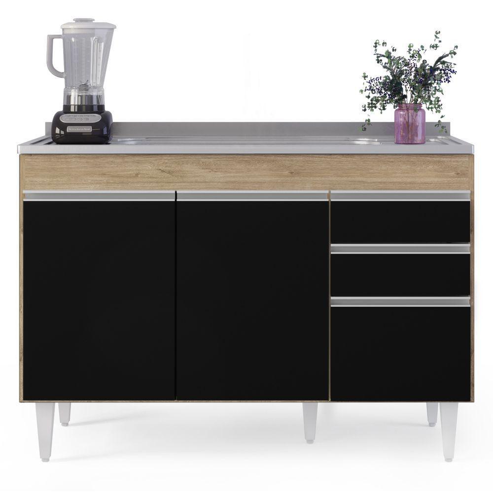 Balcão Gabinete Com Pia Inox 120cm Michigan Castanho/preto - Lumil - 3