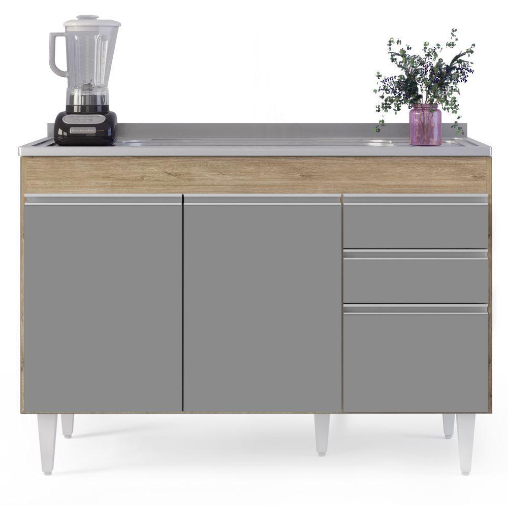 Balcão Gabinete Com Pia Inox 120cm Michigan Castanho/cinza - Lumil - 3
