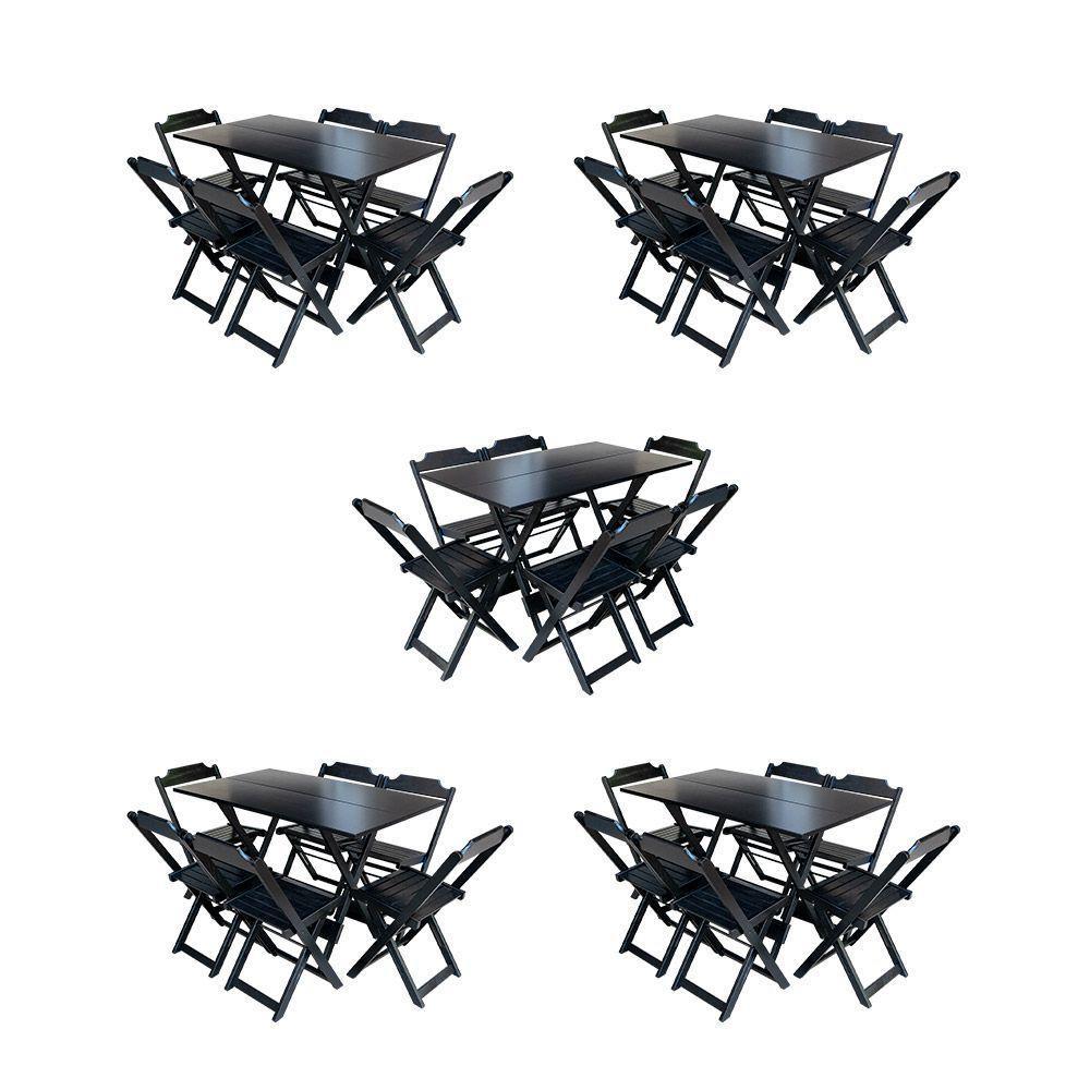 Kit 5 Conjuntos De Mesa Dobravel Com 6 Cadeiras De Madeira 120X70 Para Restaurante E Bar - Preto - 1