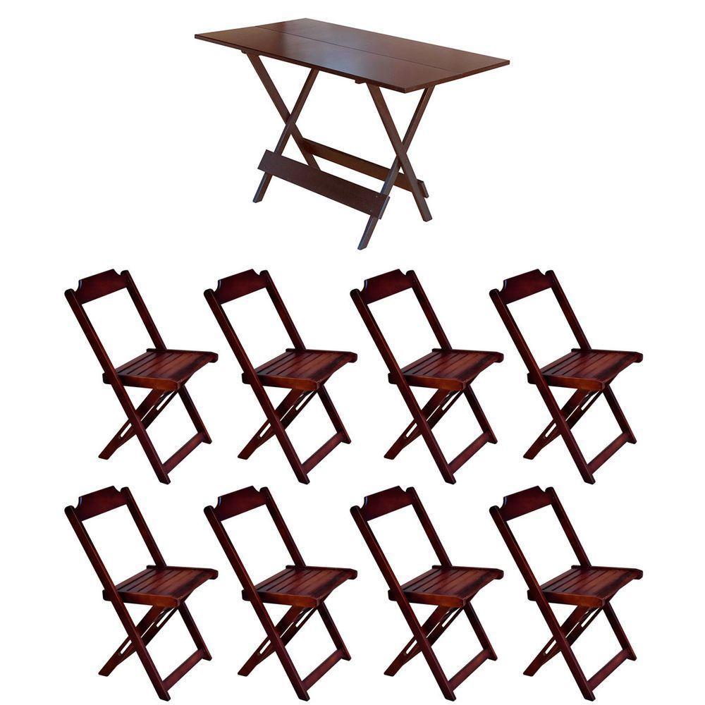 Jogo De Mesa Dobrável 1,20X70 Em Madeira Maciça Com 8 Cadeiras - Imbuia - Marrom - 1