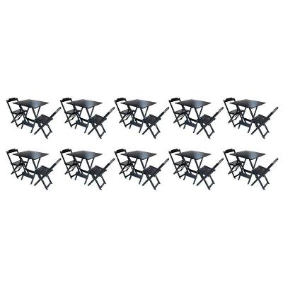 Kit 10 Jogos De Mesa Dobravel Com 2 Cadeiras De Madeira 70x70 - Preto