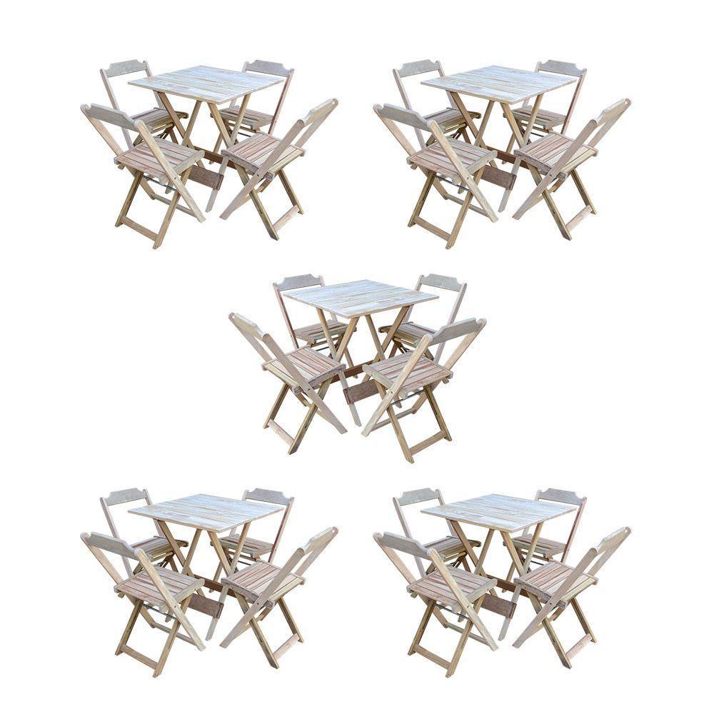 Kit 5 Jogos De Mesa Dobravel Com 4 Cadeiras De Madeira 70X70 Para Restaurante E Bar - Sem Pintura - 1