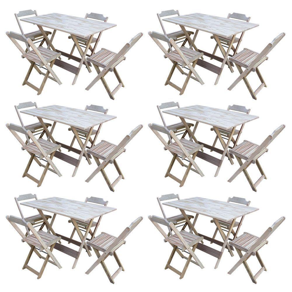 Kit 6 Conjuntos De Mesa Com 4 Cadeiras De Madeira Dobravel 120X70 Sem Pintura/Crua - Marrom - 1