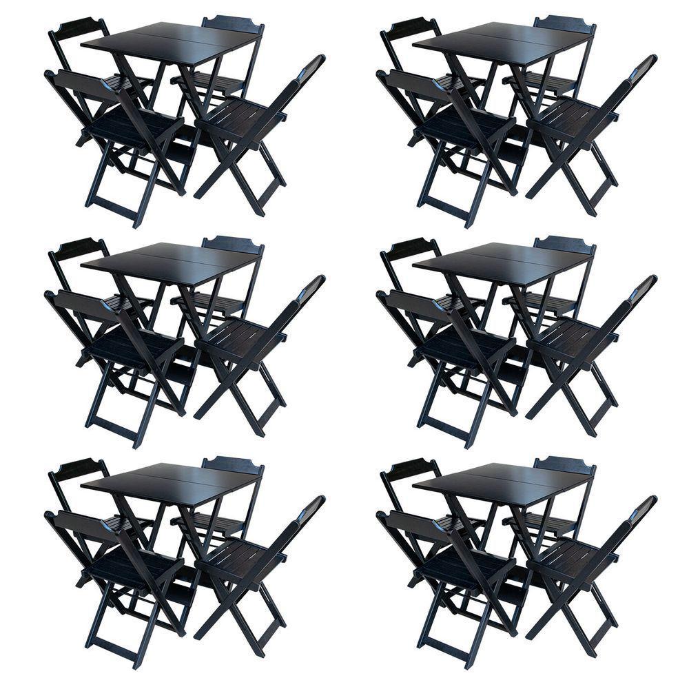 Kit 6 Conjuntos De Mesa Com 4 Cadeiras De Madeira Dobravel 70X70 Preto - Preto - 1
