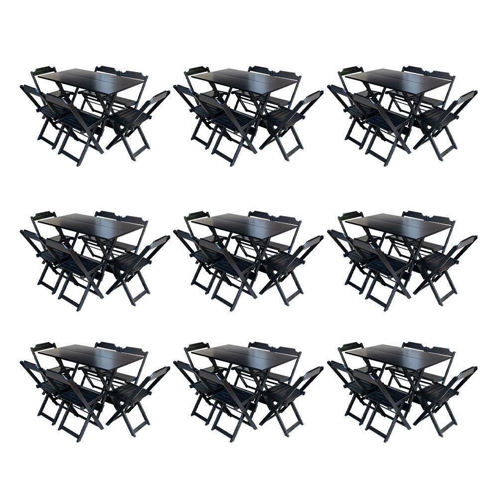 Kit 9 Conjuntos De Mesa Dobravel Com 6 Cadeiras De Madeira 120X70 Para Restaurante E Bar - Preto - 1