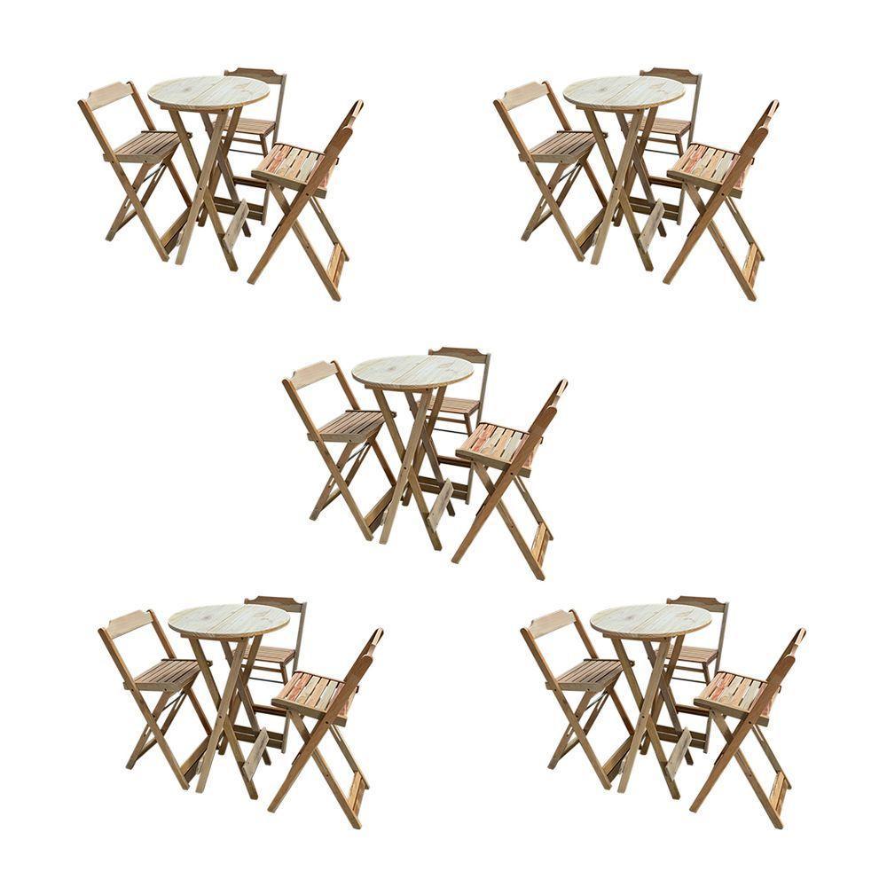 Kit 5 Jogos De Mesas Bistrô De Madeira Dobrável Com 3 Banquetas - Crua - 1