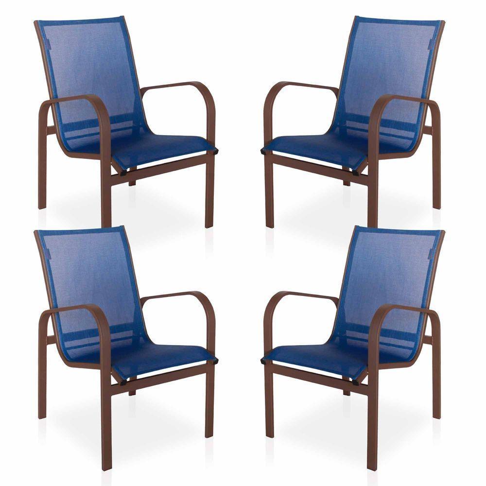 Conjunto 4 Cadeiras Para , área Externa, Gourmet E Jardim - Marrom Em Tela Sling Azul - 1
