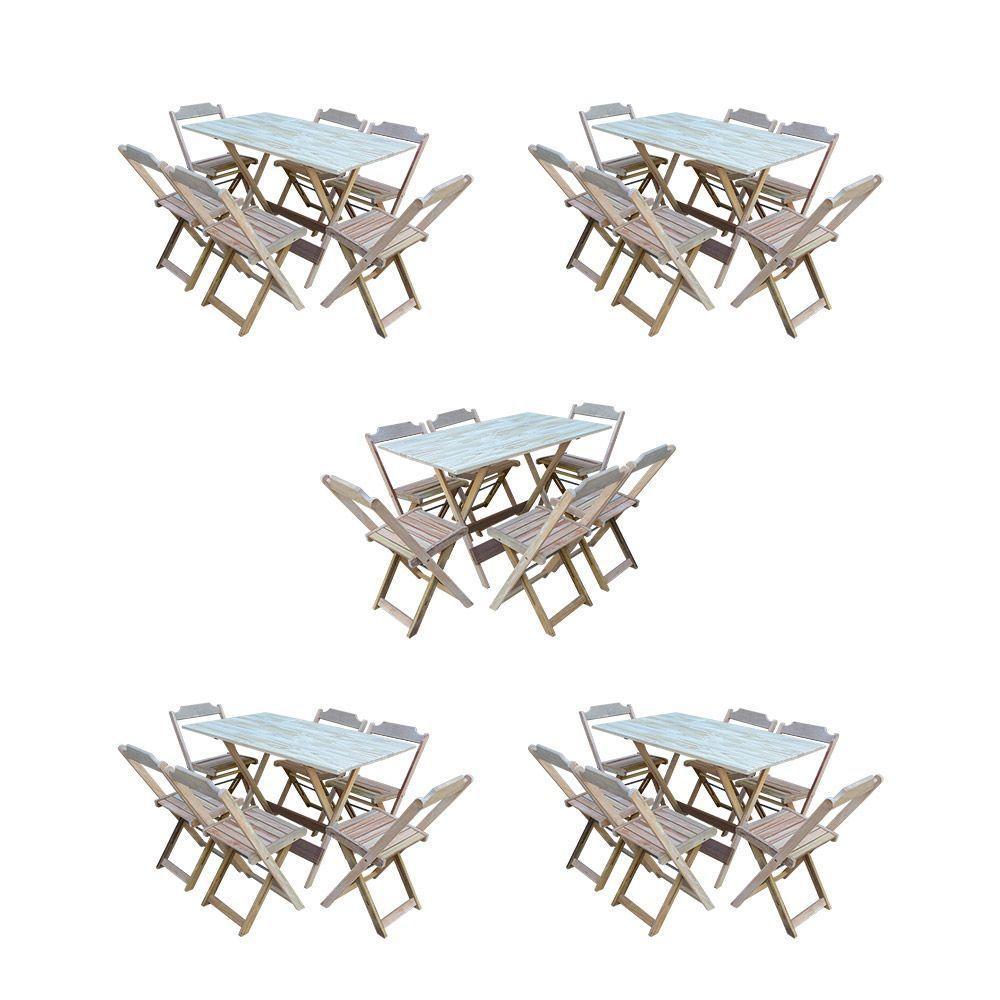 Kit 5 Jogos De Mesa Dobravel Com 6 Cadeiras De Madeira 120X70 Para Restaurante E Bar - Sem Pintura - 1