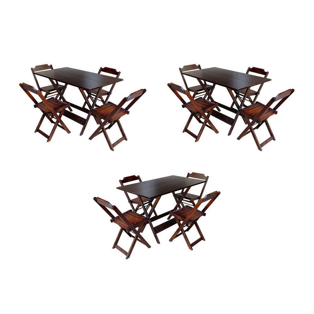 Kit 3 Jogos De Mesa Dobravel Com 4 Cadeiras De Madeira 120X70 Para Restaurante E Bar - Imbuia - 1