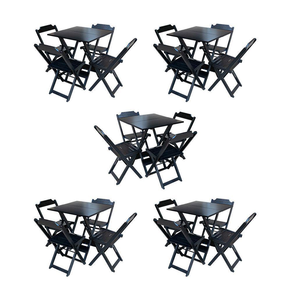 Kit 5 Jogos De Mesa Dobravel Com 4 Cadeiras De Madeira 70X70 Para Restaurante E Bar - Preto - 1