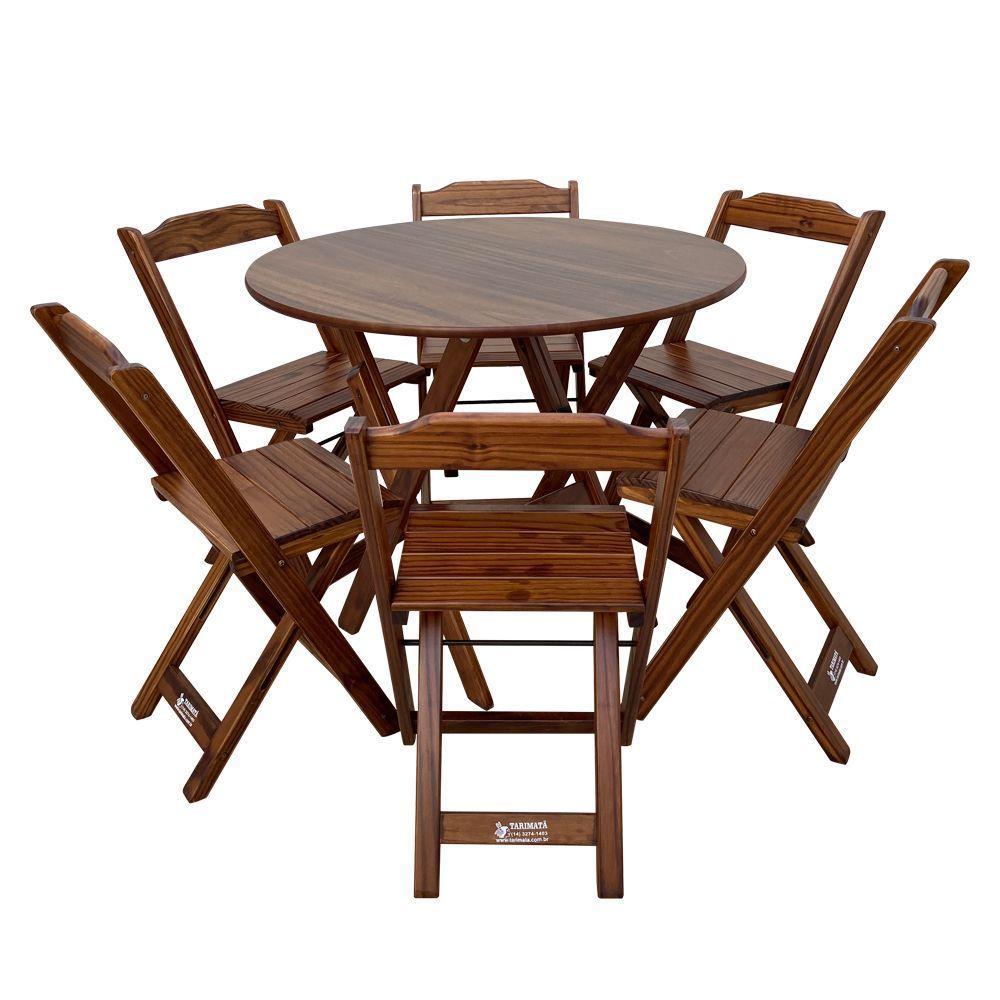 Mesa Dobrável De Madeira Redonda 90cm Com 6 Cadeiras Imbuia Cor: Marrom - 1