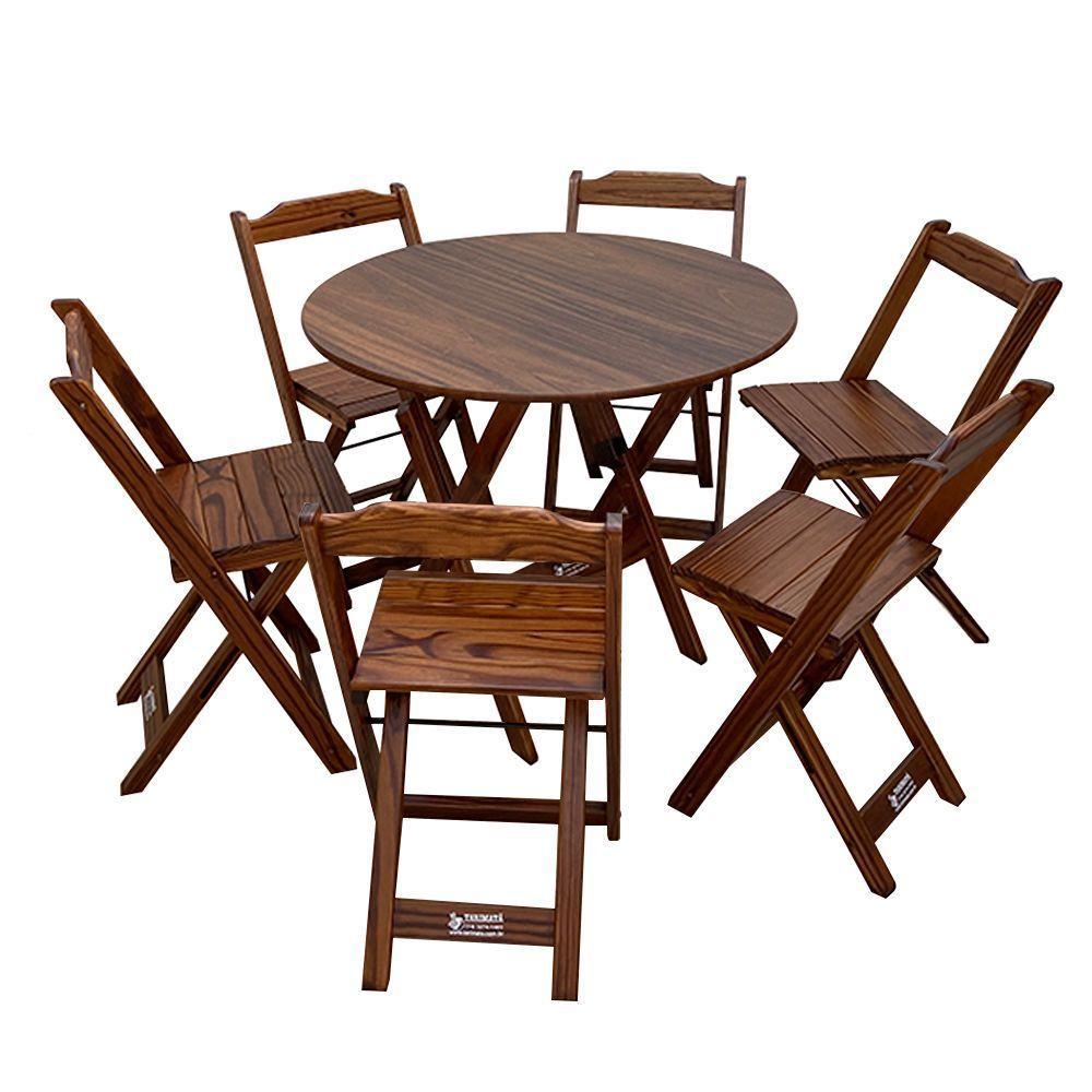Mesa Dobrável De Madeira Redonda 90cm Com 6 Cadeiras Imbuia Cor: Marrom - 5