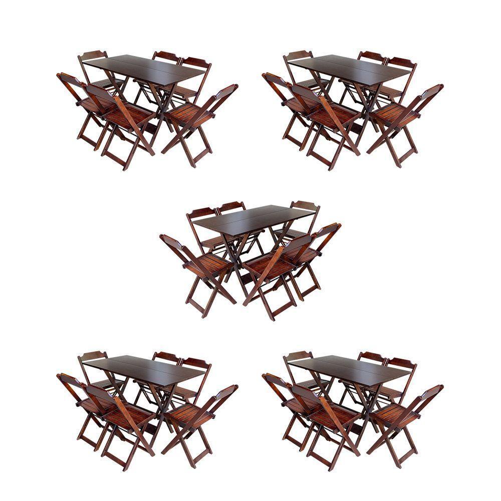 Kit 5 Jogos De Mesa Dobravel Com 6 Cadeiras De Madeira 120X70 Para Restaurante E Bar - Imbuia - 1